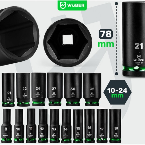Smūginių ilgų galvučių rinkinys Wuber 1/2" 16 vnt. 8–32 mm